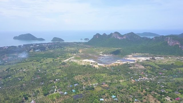 Aerial Drone View of Sam Roi Yot Mountain National Park in Kui Buri District, Prachuap Khiri Khan Province, Thailand.
