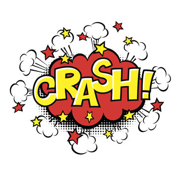 CRASH! phrase in speech bubble. Comic text. Vector bubble icon speech phrase. Comics book balloon. Halftone background.