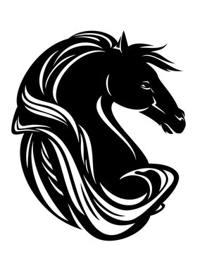 horse head with long beautiful mane black and white vector design