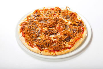 pizza with beef and fried onion. White background