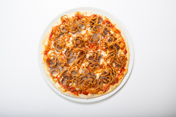 pizza with beef and fried onion. White background