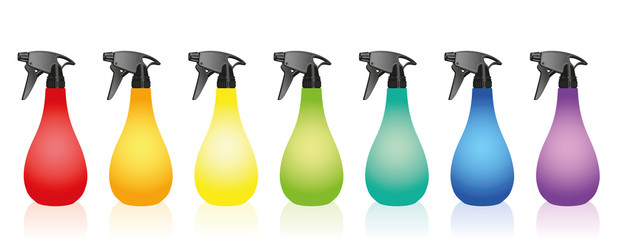 Spray bottles - colorful variations with blank labels. Isolated vector illustration over white background.