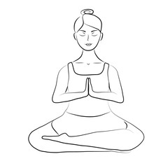 Plus size young women in lotos asana. Line yoga illustration. Namaste. Body love lifestyle healthcare illustration.