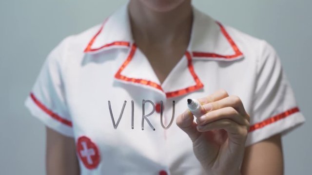 VIRUS, Female doctor writing on transparent screen