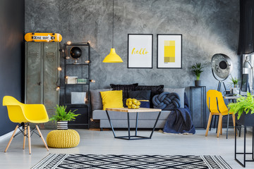 Couch, yellow accents, metal furniture
