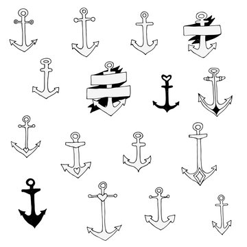 Set of doodle anchors, vector