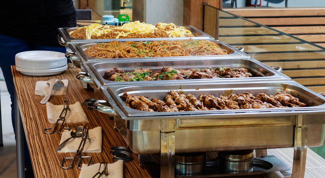 Catering Buffet Food Dish Asian Oriental With Meat And Colorful Vegetables 