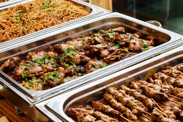 Catering Buffet Food Dish Asian Oriental With Meat And Colorful Vegetables  - obrazy, fototapety, plakaty