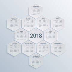 Hexagonal Calendar for 2018 Year on paper background. Week starts from sunday. Modern Creative Vector Design Print Template. Holiday vector illustration. Corporate business layout.