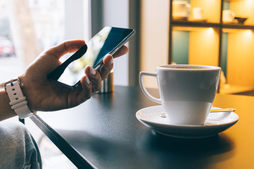 Girl in a cafe using a mobile phone and drinking coffee