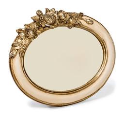 Obraz premium Gilded decorative fhoto frame with floral decor isolated on white background.