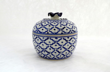 Big ceramic side dish bowl “pineapple pattern” white blue color isolated on white background. (straight angle)