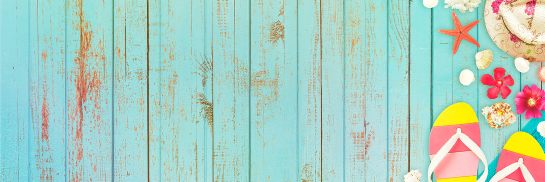 summer holiday - different beach accessoiries on a blue wood wall
