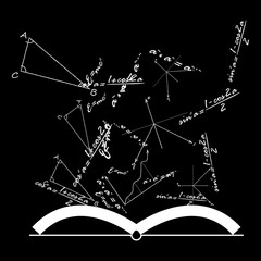 Open Knowledge Book with mathematical and physical formulas, vector.