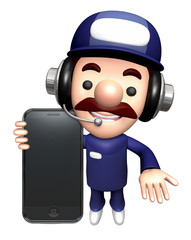 3D Repair Person Character is holding a Smartphone.