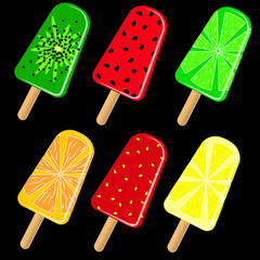 Eis am Stiel, sechs Sorten, Kiwi, Wassermelone, Limette, Orange, Erdbeere, Zitrone, verschiedene Geschmäcke