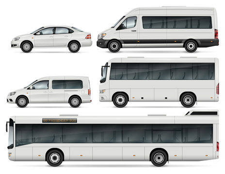 City Transport Mock-up – Buses, Passenger Van and Cars. Vector Template For Car Branding And Advertising. All layers and groups well organized for easy editing and recolor. View from left side.