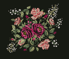 Vector embroidery design. Red pink Roses and Peony. Floral pattern on black background. EPS
