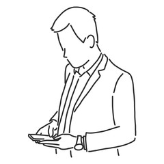 Businessman is making a phone call, sending a message, checking email and searching on the internet. line drawing vector illustration graphic design