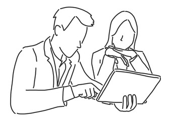 Two businessmen are sitting and discussing about work on a tablet, line drawing vector illustration graphic design