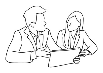 Two businessmen are sitting and discussing about work on a tablet, line drawing vector illustration graphic design