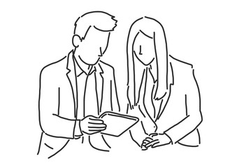Two businessmen are sitting and discussing about work on a tablet, line drawing vector illustration graphic design