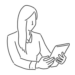 Businesswoman with a tablet, checking email and searching on the internet. line drawing vector illustration graphic design