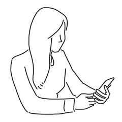 Businesswoman is checking email and playing on a smartphone, line drawing vector illustration graphic design