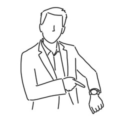 Businessman is upset because someone late and pointing to his watch, line drawing vector illustration graphic design