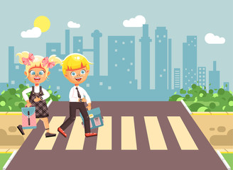 Vector illustration cartoon characters children, observance traffic rules, boys and girl schoolchildren classmates go to road pedestrian crossing, city background, back to school flat style