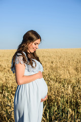 young beautiful pregnant woman walking in the wheat orange field on a sunny summer day. Nature in the country.