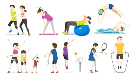General exercise. People exercise character cartoon vector. Good family relationship.
