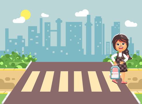 Vector illustration cartoon characters child, observance traffic rules, lonely brunette girl schoolchild, pupil go to road pedestrian crossing, on city background, back to school in flat style
