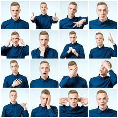 Set of young man's portraits with different emotions and gestures