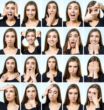 Collage of beautiful girl with different facial expressions
