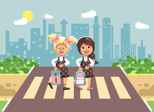 Vector illustration cartoon characters children, observance traffic rules, girls schoolgirls, classmates pupils go to road pedestrian zone crossing, on city background, back to school flat style