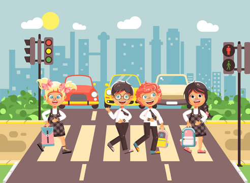 Vector illustration cartoon characters children, observance traffic rules, boys and girls schoolchildren classmates go to road pedestrian zone crossing, city background back to school flat style