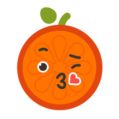 Kiss emoji. Kissing orange fruit emoji with heart. Vector flat design emoticon icon isolated on white background.