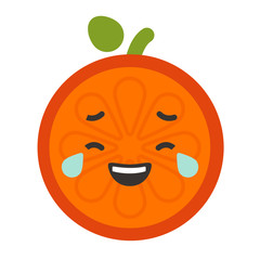 Laugh with tears emoji. Laughing with tears orange fruit emoji. Vector flat design emoticon icon isolated on white background.