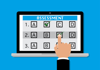 Online survey assessment on computer laptop with businessman finger point to touch screen. Vector illustration business assessment evaluation measure validation review concept.