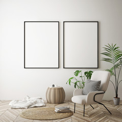 mock up poster frame in hipster interior background, scandinavian style, 3D render, 3D illustration