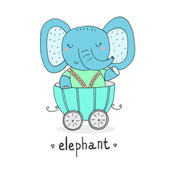 Hand drawn Cute elephant In the trailer. print for kids