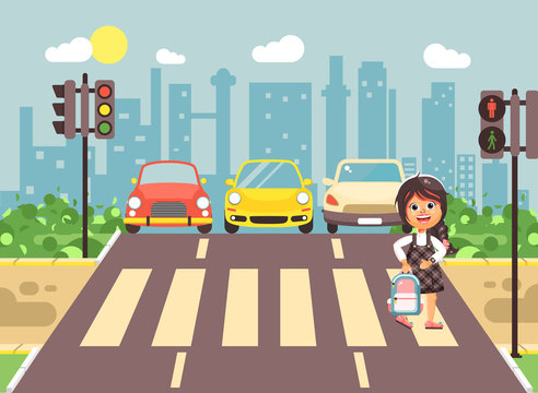 Vector illustration cartoon character child, observance traffic rules, lonely brunette girl schoolchild schoolgirl go to road pedestrian zone crossing, city background back to school flat style