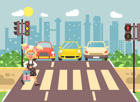 Vector illustration cartoon character child, observance traffic rules, lonely blonde girl schoolchild schoolgirl go to road pedestrian zone crossing, city background back to school flat style