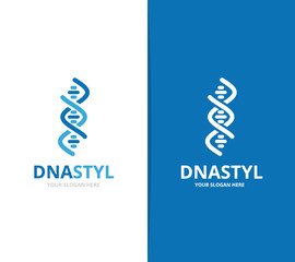 Vector of dna and chromosome logo combination. Gene and helix symbol or icon. Unique spiral and molecular logotype design template.