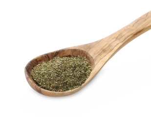 Dry marjoram in wooden spoon isolated on white background