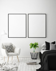 mock up poster frame in hipster interior background, scandinavian style, 3D render, 3D illustration