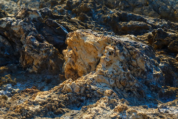 Volcanic stone formations on beach. Natural texture with blur