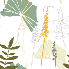 Floral vector seamless pattern with hand drawn agrimony flowers  and tropical  leaves in pastel colors.