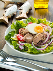 Tuna salad on the dark wooden rustic table